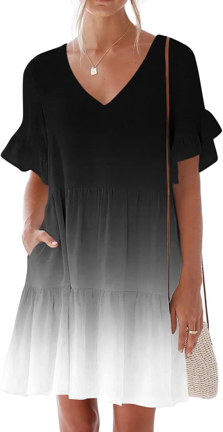 Womens Summer Dresses Fashion V Neck Ruffle Sleeve Polka Dot Print Dress with Pocket Casual Beach Vacation Mini Dress