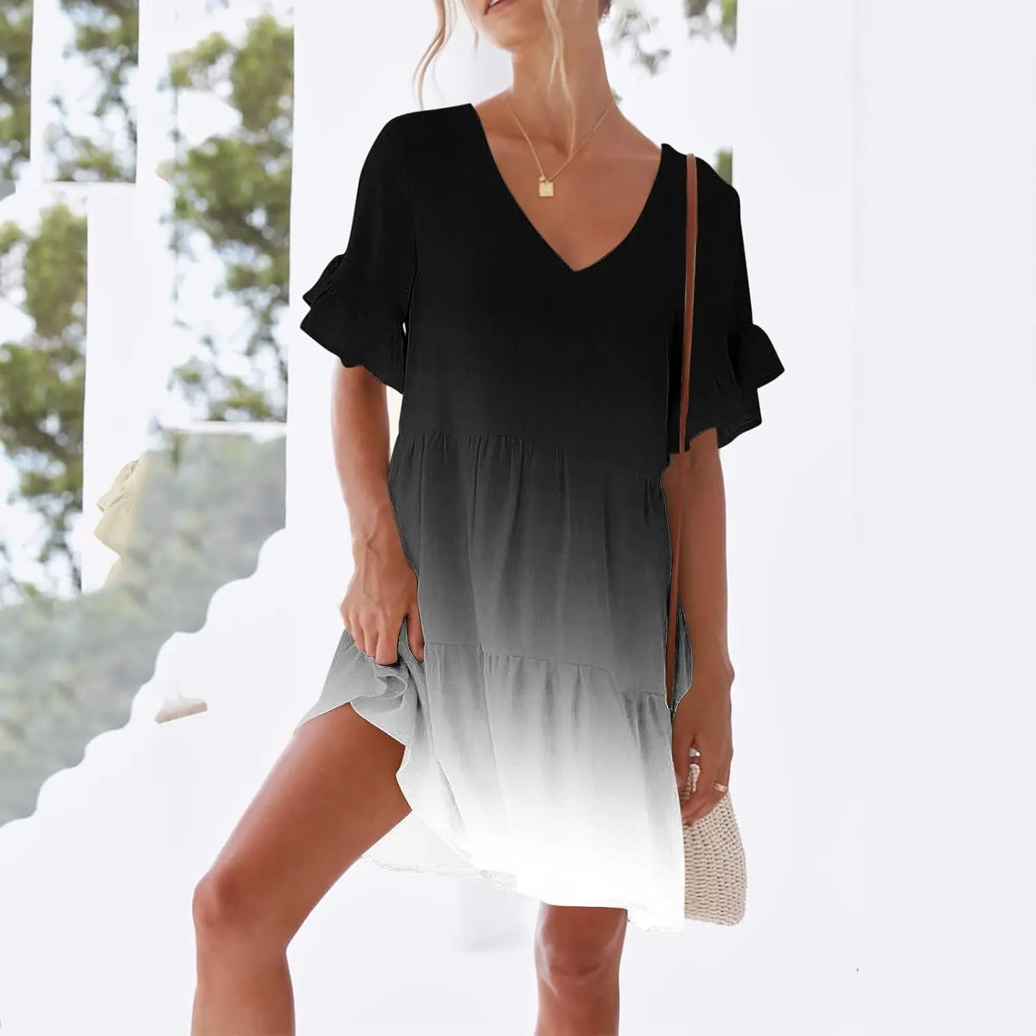 Womens Summer Dresses Fashion V Neck Ruffle Sleeve Polka Dot Print Dress with Pocket Casual Beach Vacation Mini Dress
