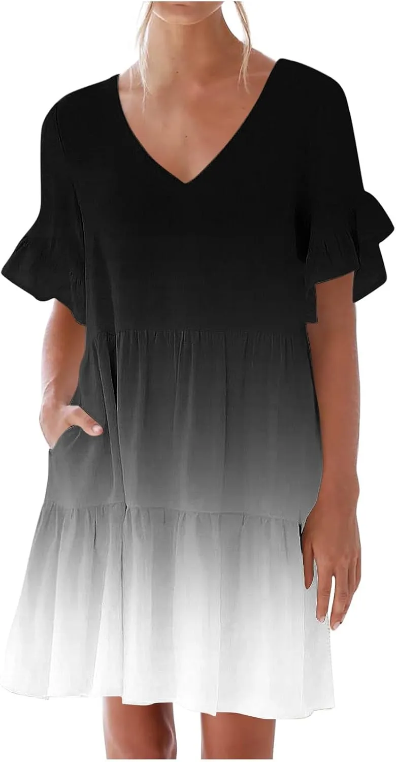 Womens Summer Dresses Fashion V Neck Ruffle Sleeve Polka Dot Print Dress with Pocket Casual Beach Vacation Mini Dress