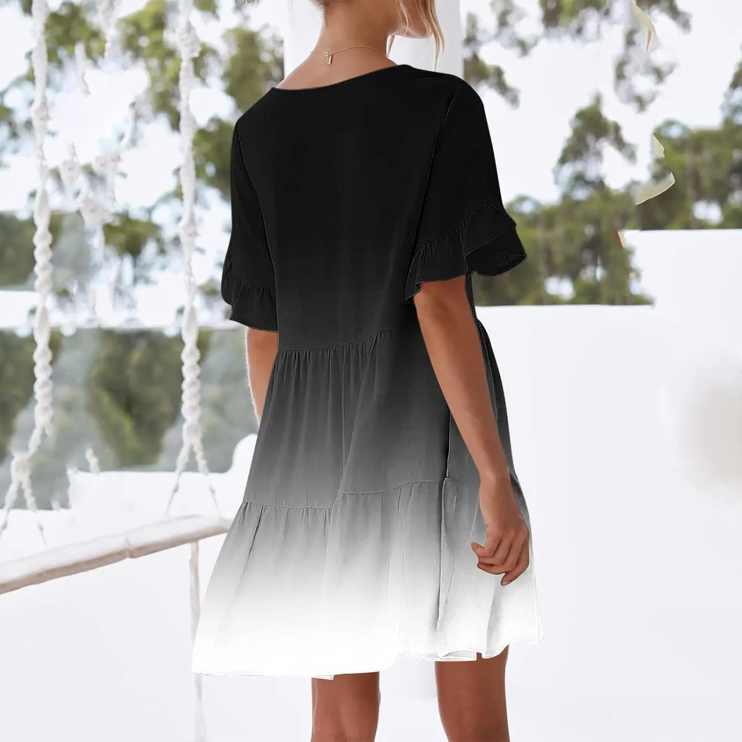Womens Summer Dresses Fashion V Neck Ruffle Sleeve Polka Dot Print Dress with Pocket Casual Beach Vacation Mini Dress