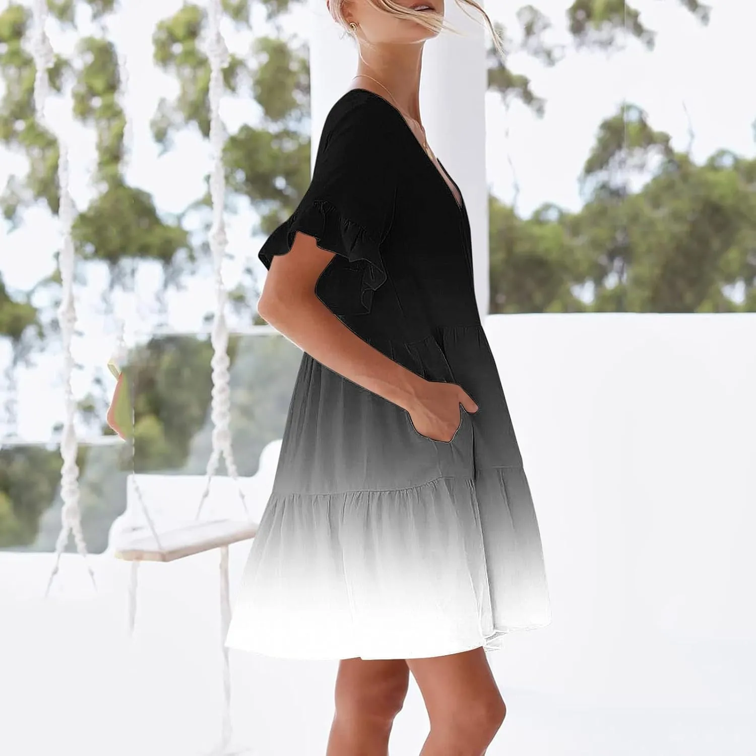 Womens Summer Dresses Fashion V Neck Ruffle Sleeve Polka Dot Print Dress with Pocket Casual Beach Vacation Mini Dress