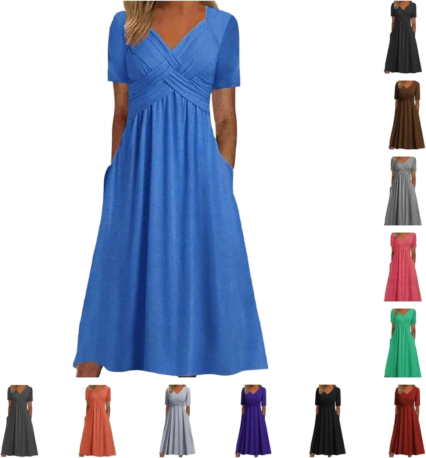 Women's Summer Dresses Short Sleeve V Neck Casual Boho Maxi Beach Dress Plus Size Flowy Long Sundress with Pockets