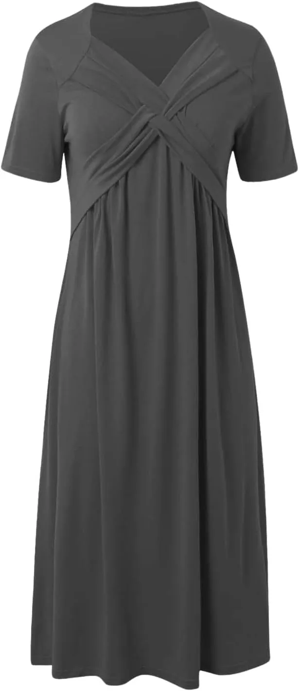 Women's Summer Dresses Short Sleeve V Neck Casual Boho Maxi Beach Dress Plus Size Flowy Long Sundress with Pockets