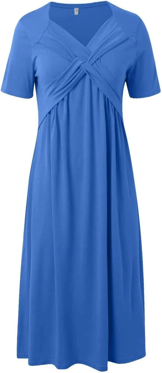 Women's Summer Dresses Short Sleeve V Neck Casual Boho Maxi Beach Dress Plus Size Flowy Long Sundress with Pockets