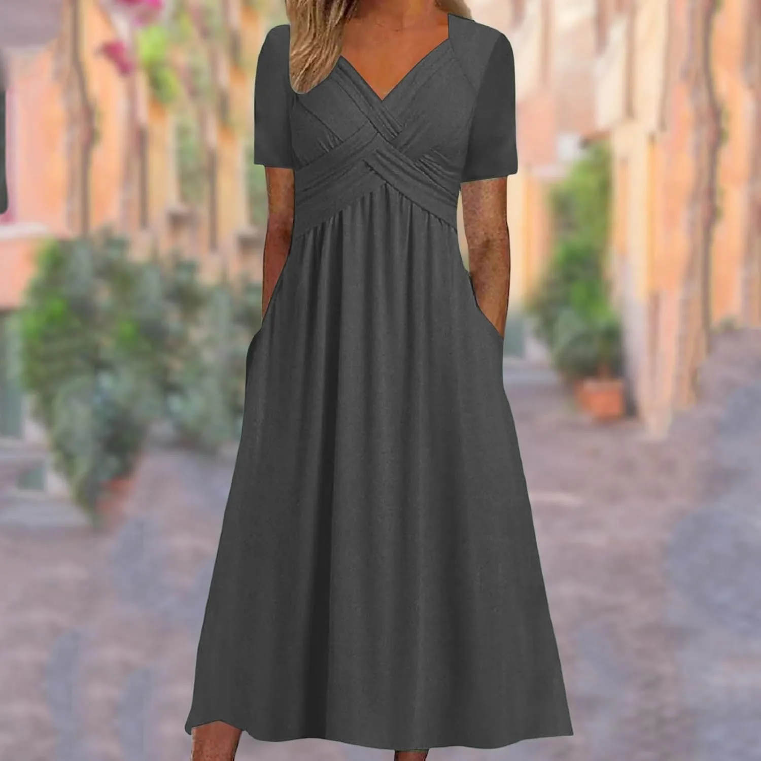 Women's Summer Dresses Short Sleeve V Neck Casual Boho Maxi Beach Dress Plus Size Flowy Long Sundress with Pockets