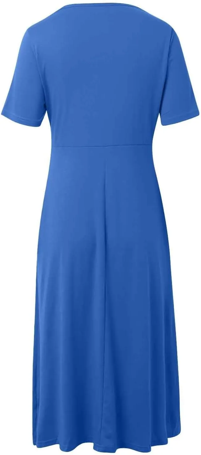 Women's Summer Dresses Short Sleeve V Neck Casual Boho Maxi Beach Dress Plus Size Flowy Long Sundress with Pockets
