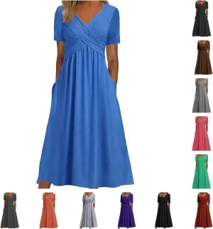 Women's Summer Dresses Short Sleeve V Neck Casual Boho Maxi Beach Dress Plus Size Flowy Long Sundress with Pockets