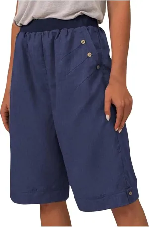 Women's Summer Linen Capri Pants with Pockets Casual High Waist Wide Leg Trousers Trendy Bermuda Shorts S-4XL