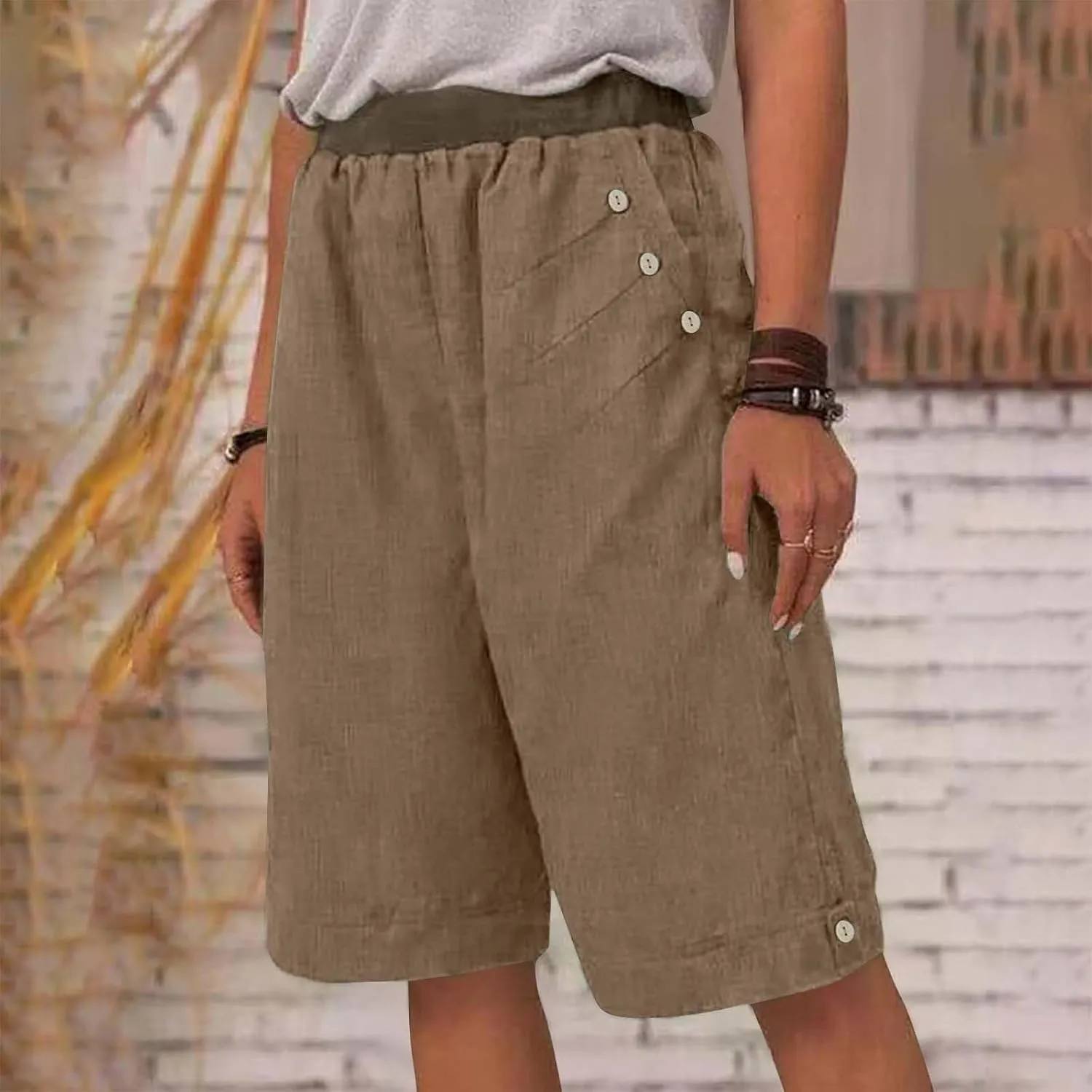 Women's Summer Linen Capri Pants with Pockets Casual High Waist Wide Leg Trousers Trendy Bermuda Shorts S-4XL