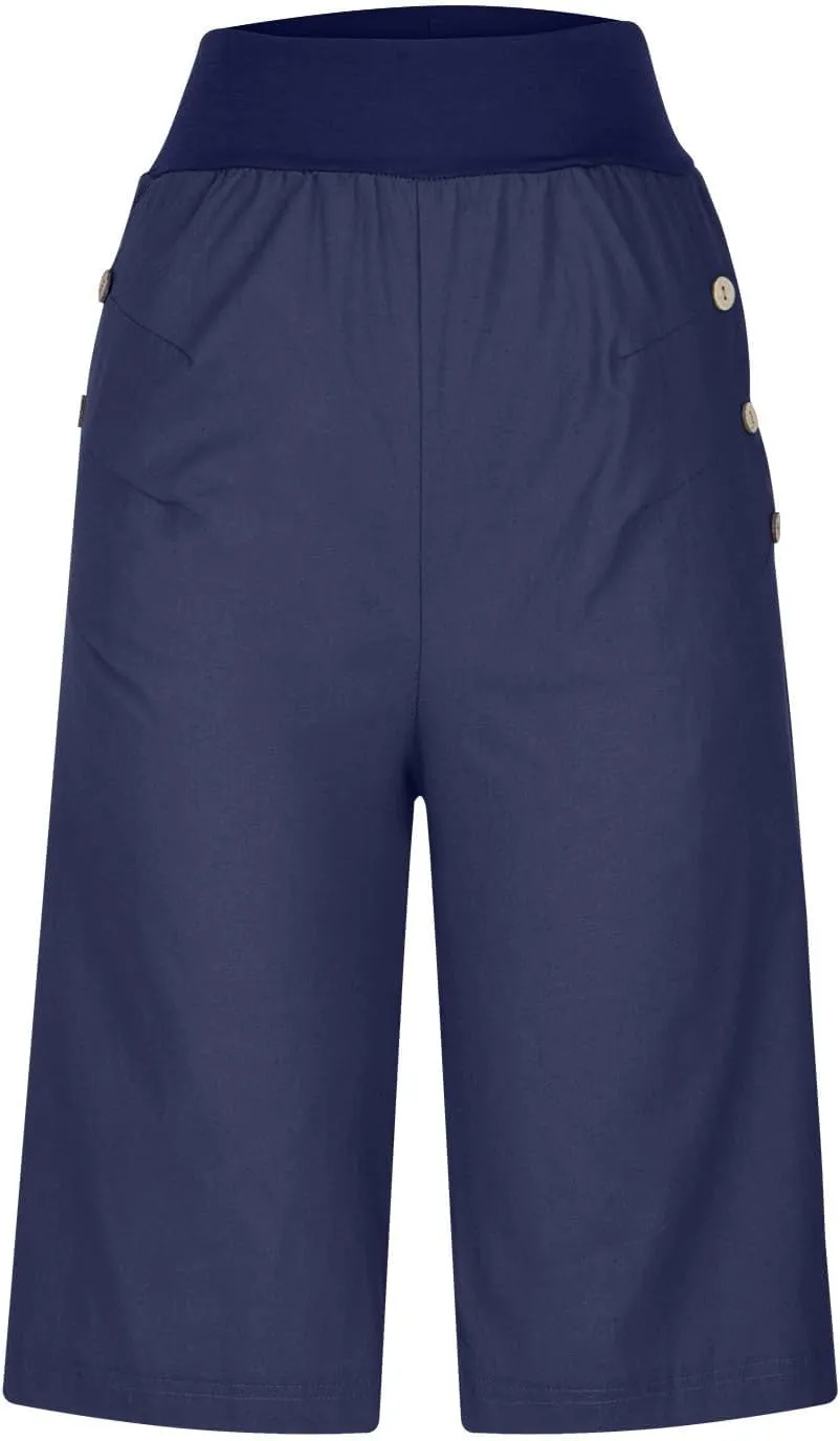 Women's Summer Linen Capri Pants with Pockets Casual High Waist Wide Leg Trousers Trendy Bermuda Shorts S-4XL