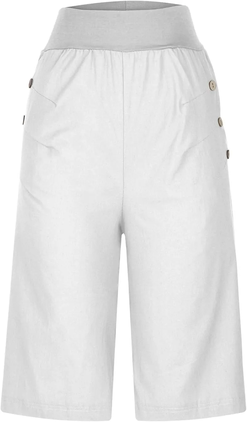 Women's Summer Linen Capri Pants with Pockets Casual High Waist Wide Leg Trousers Trendy Bermuda Shorts S-4XL