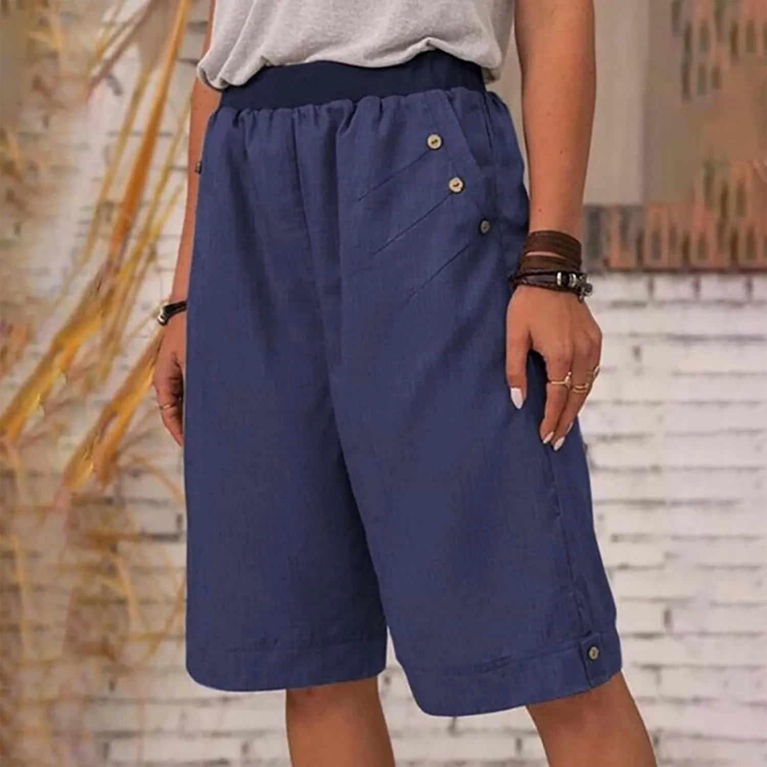 Women's Summer Linen Capri Pants with Pockets Casual High Waist Wide Leg Trousers Trendy Bermuda Shorts S-4XL