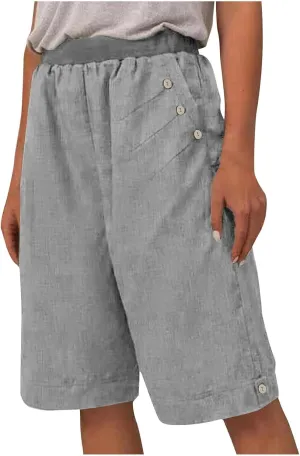 Women's Summer Linen Capri Pants with Pockets Casual High Waist Wide Leg Trousers Trendy Bermuda Shorts S-4XL