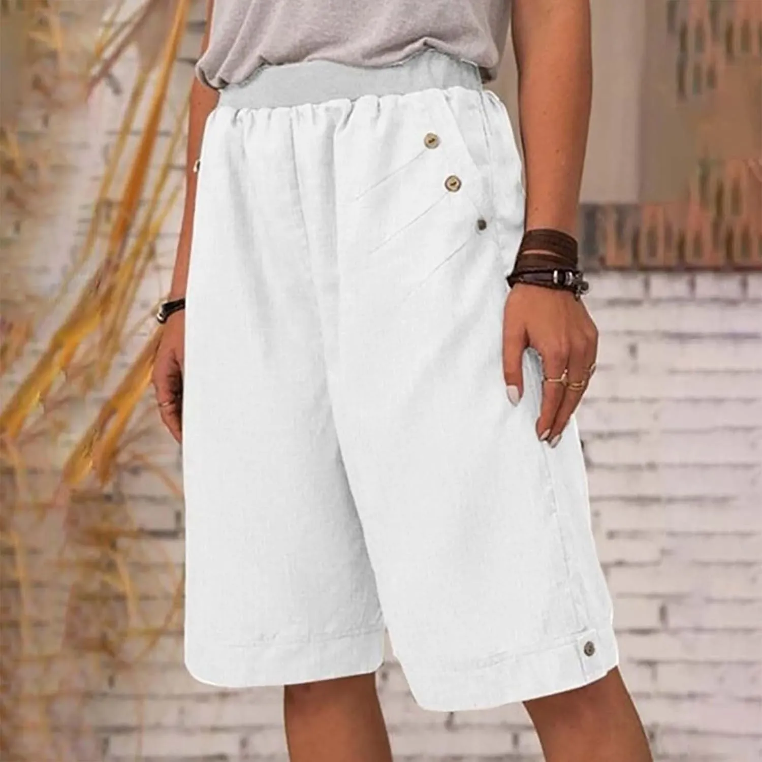 Women's Summer Linen Capri Pants with Pockets Casual High Waist Wide Leg Trousers Trendy Bermuda Shorts S-4XL