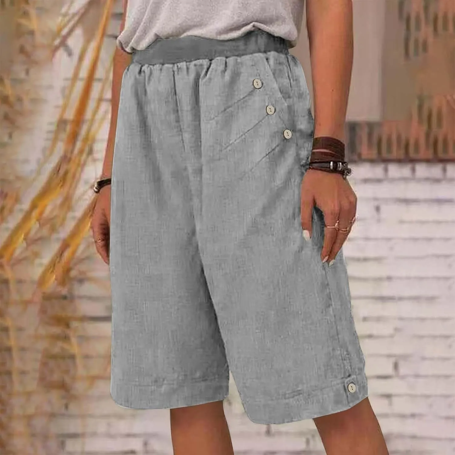Women's Summer Linen Capri Pants with Pockets Casual High Waist Wide Leg Trousers Trendy Bermuda Shorts S-4XL