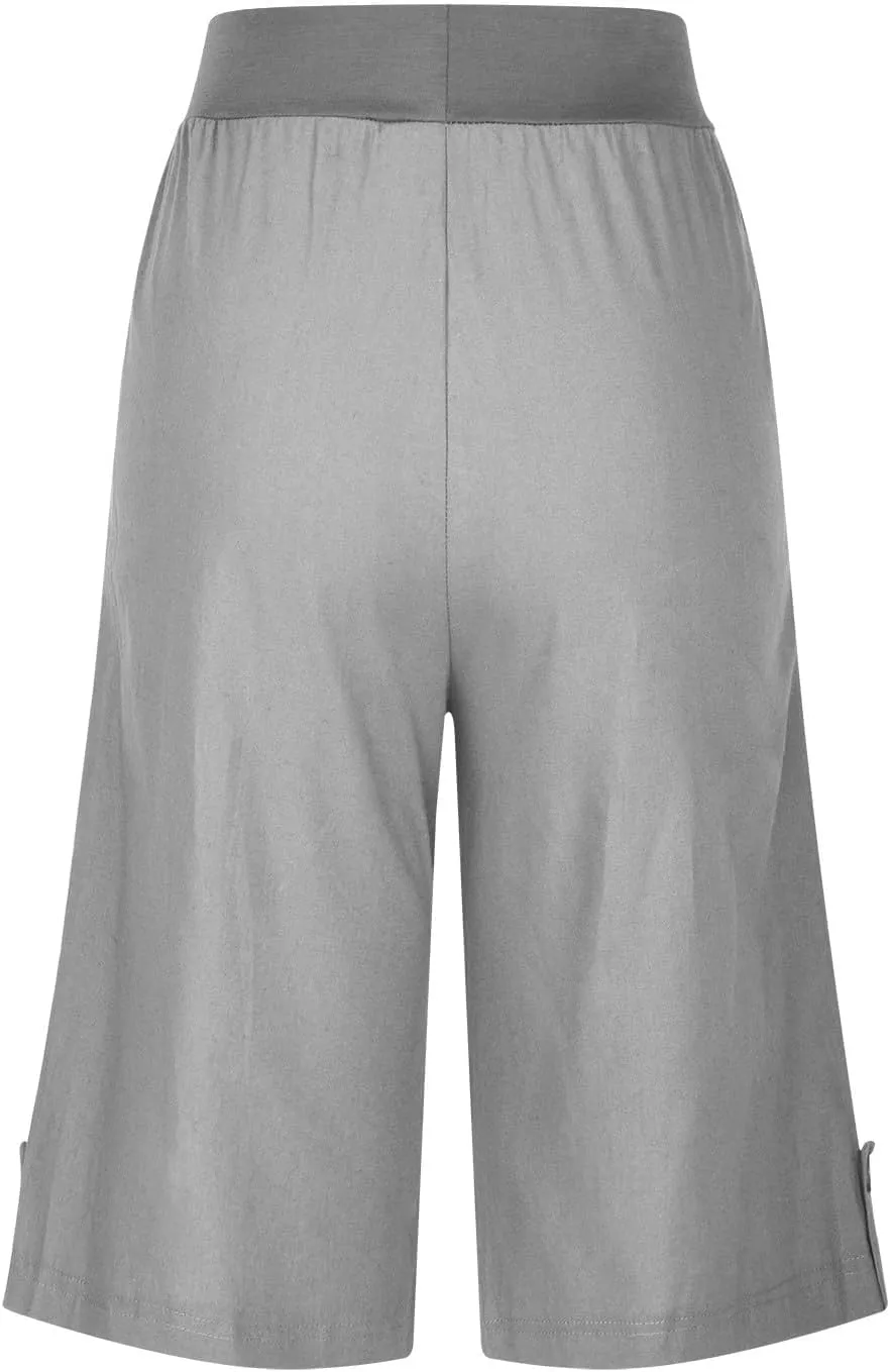 Women's Summer Linen Capri Pants with Pockets Casual High Waist Wide Leg Trousers Trendy Bermuda Shorts S-4XL
