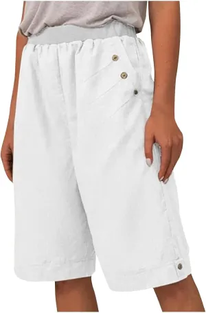 Women's Summer Linen Capri Pants with Pockets Casual High Waist Wide Leg Trousers Trendy Bermuda Shorts S-4XL