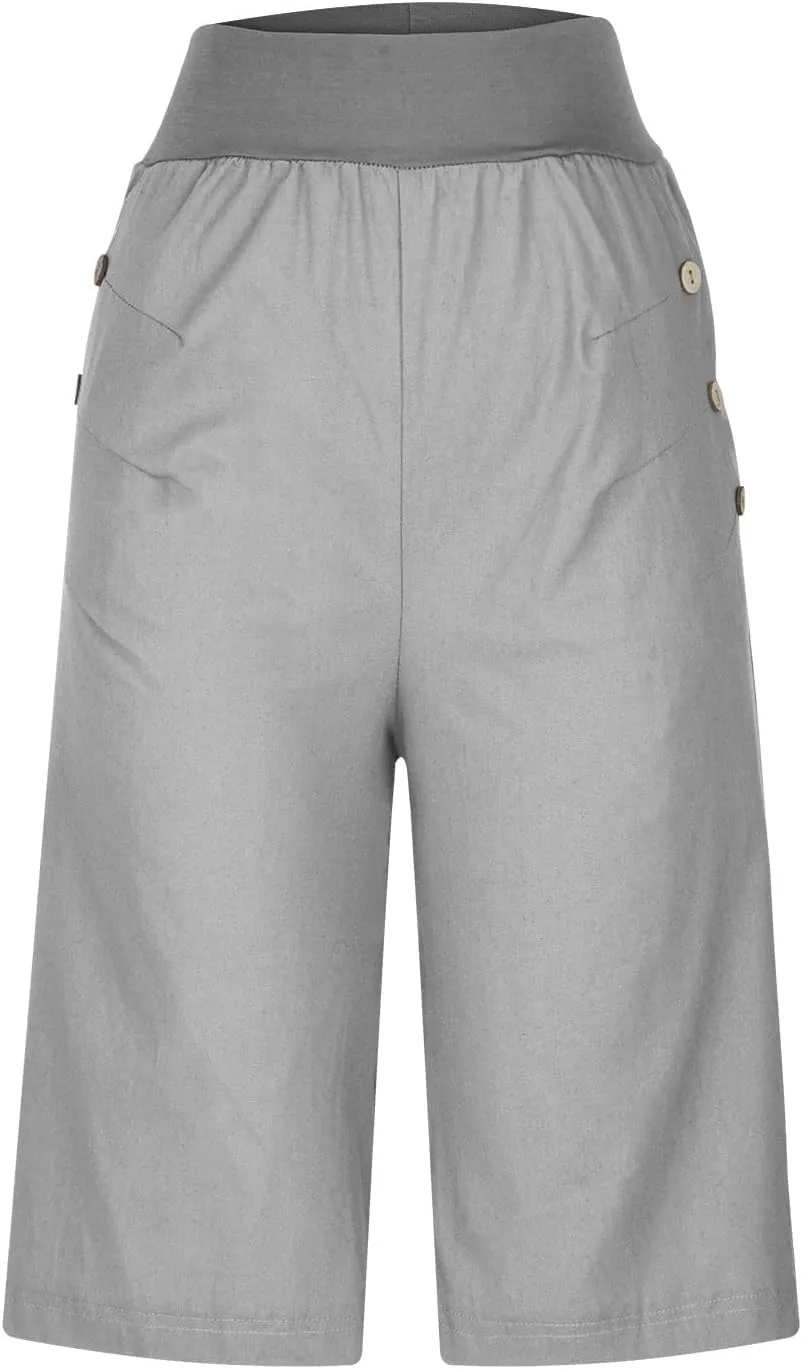 Women's Summer Linen Capri Pants with Pockets Casual High Waist Wide Leg Trousers Trendy Bermuda Shorts S-4XL