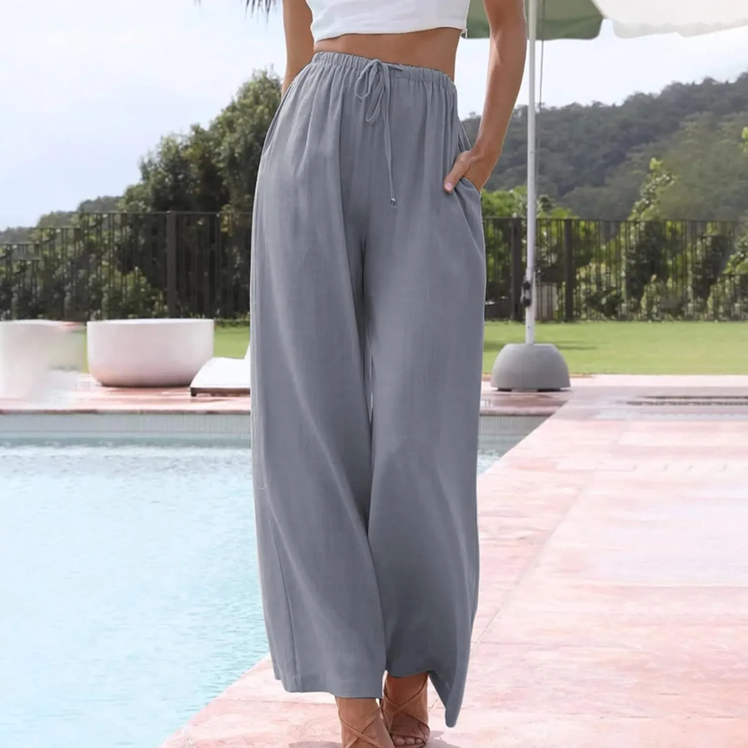 Womens Summer Linen Palazzo Pants Causal Elastic High Waist Flowy Wide Leg Pant Trousers Resort Wear Outfits 2024