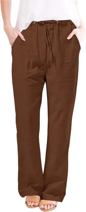 Womens Summer Linen Pants Casual High Waisted Loose Lightweight Pants Wide Leg Slacks Baggy Drawstring Stretchy Trousers
