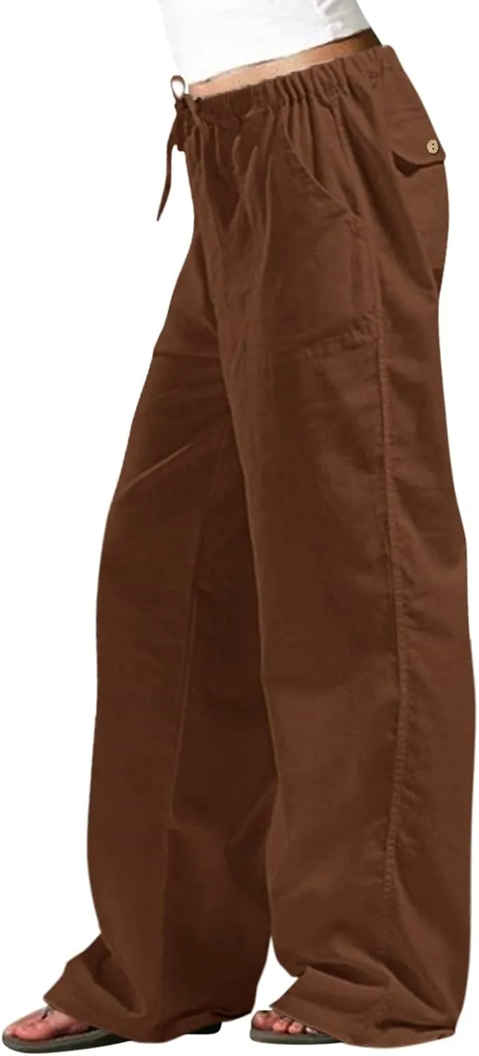 Womens Summer Linen Pants Casual High Waisted Loose Lightweight Pants Wide Leg Slacks Baggy Drawstring Stretchy Trousers
