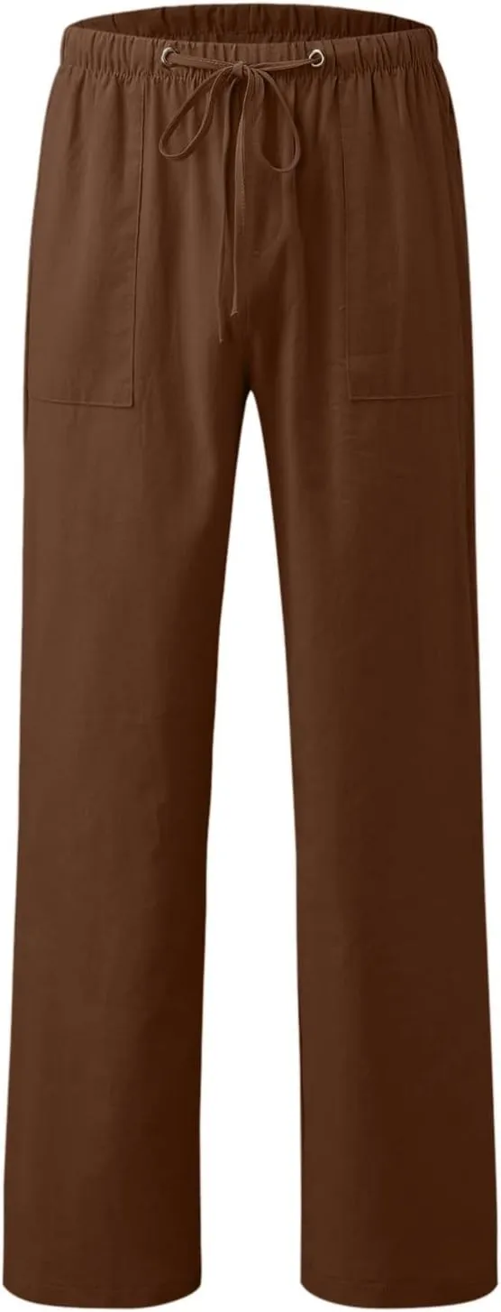 Womens Summer Linen Pants Casual High Waisted Loose Lightweight Pants Wide Leg Slacks Baggy Drawstring Stretchy Trousers