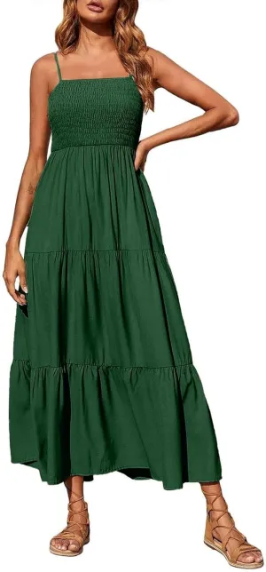 Women's Summer Maxi Dress 2025 Casual Boho Sleeveless Spaghetti Strap Smocked Tiered Long Beach Sundresses