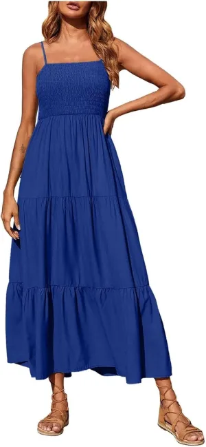 Women's Summer Maxi Dress 2025 Casual Boho Sleeveless Spaghetti Strap Smocked Tiered Long Beach Sundresses