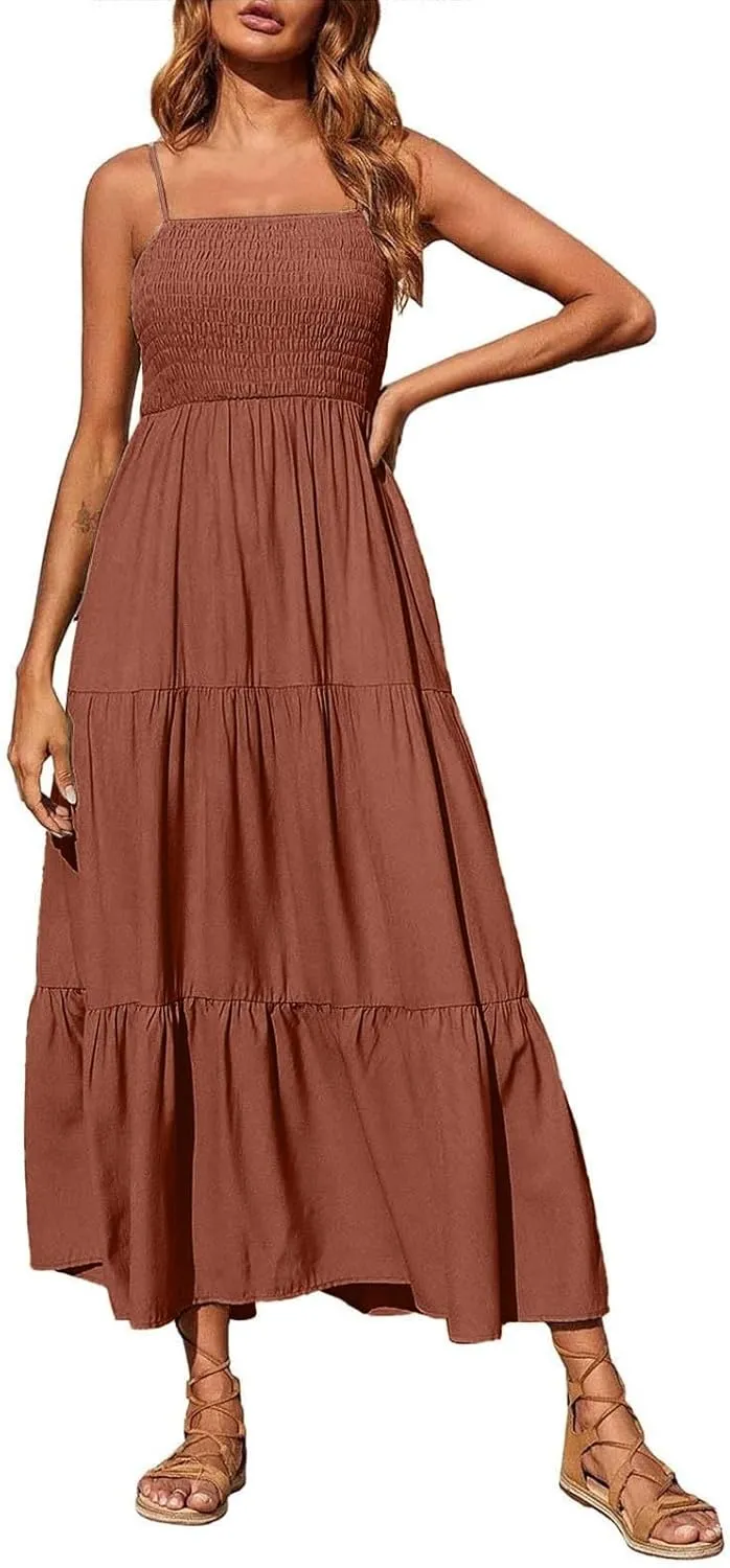 Women's Summer Maxi Dress 2025 Casual Boho Sleeveless Spaghetti Strap Smocked Tiered Long Beach Sundresses