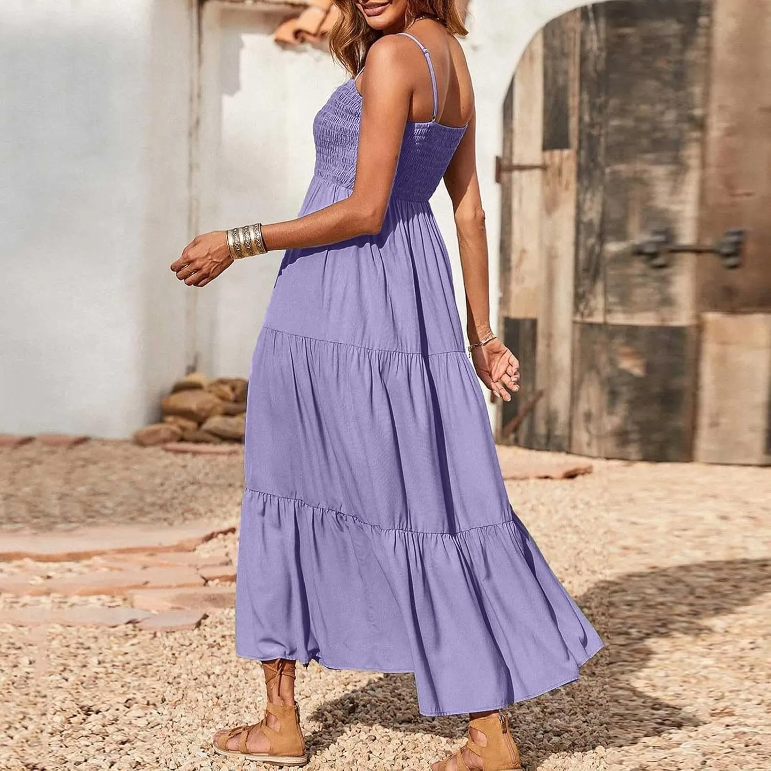 Women's Summer Maxi Dress 2025 Casual Boho Sleeveless Spaghetti Strap Smocked Tiered Long Beach Sundresses