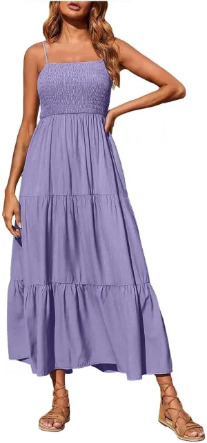 Women's Summer Maxi Dress 2025 Casual Boho Sleeveless Spaghetti Strap Smocked Tiered Long Beach Sundresses