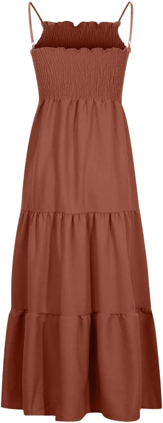 Women's Summer Maxi Dress 2025 Casual Boho Sleeveless Spaghetti Strap Smocked Tiered Long Beach Sundresses