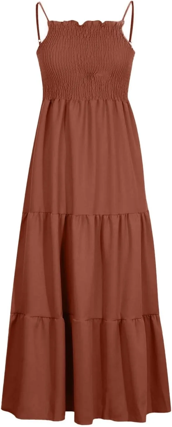 Women's Summer Maxi Dress 2025 Casual Boho Sleeveless Spaghetti Strap Smocked Tiered Long Beach Sundresses
