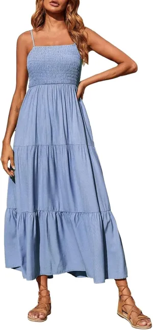 Women's Summer Maxi Dress 2025 Casual Boho Sleeveless Spaghetti Strap Smocked Tiered Long Beach Sundresses