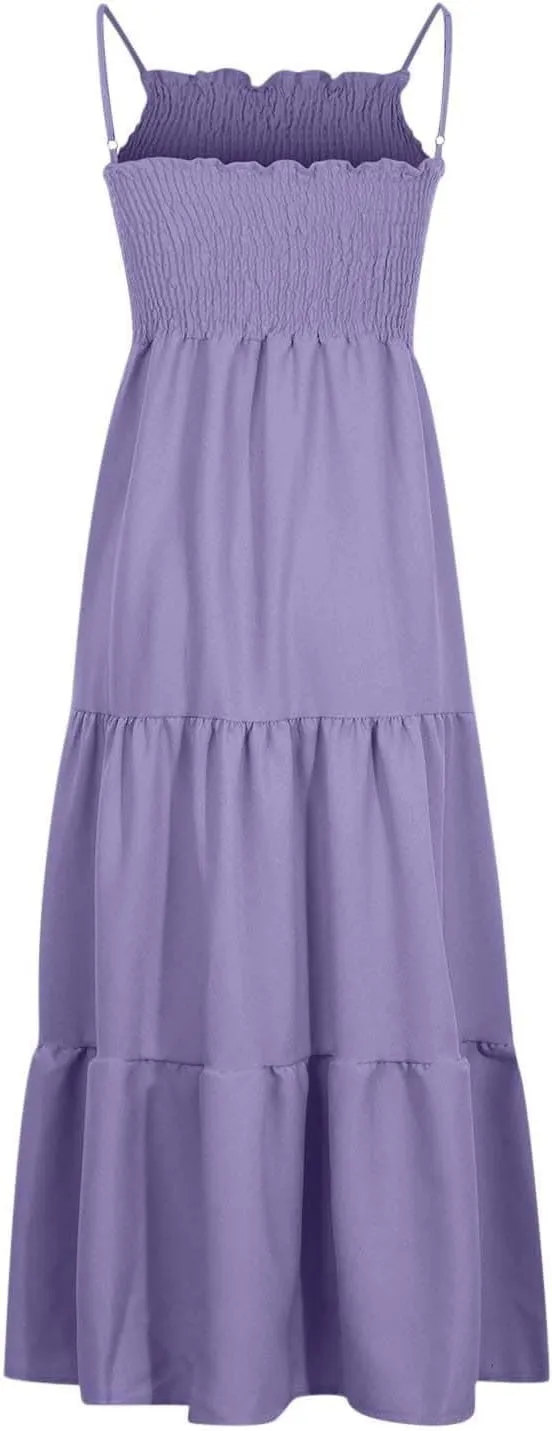 Women's Summer Maxi Dress 2025 Casual Boho Sleeveless Spaghetti Strap Smocked Tiered Long Beach Sundresses