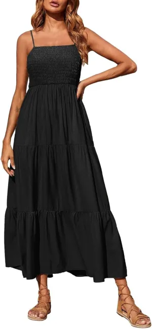 Women's Summer Maxi Dress 2025 Casual Boho Sleeveless Spaghetti Strap Smocked Tiered Long Beach Sundresses