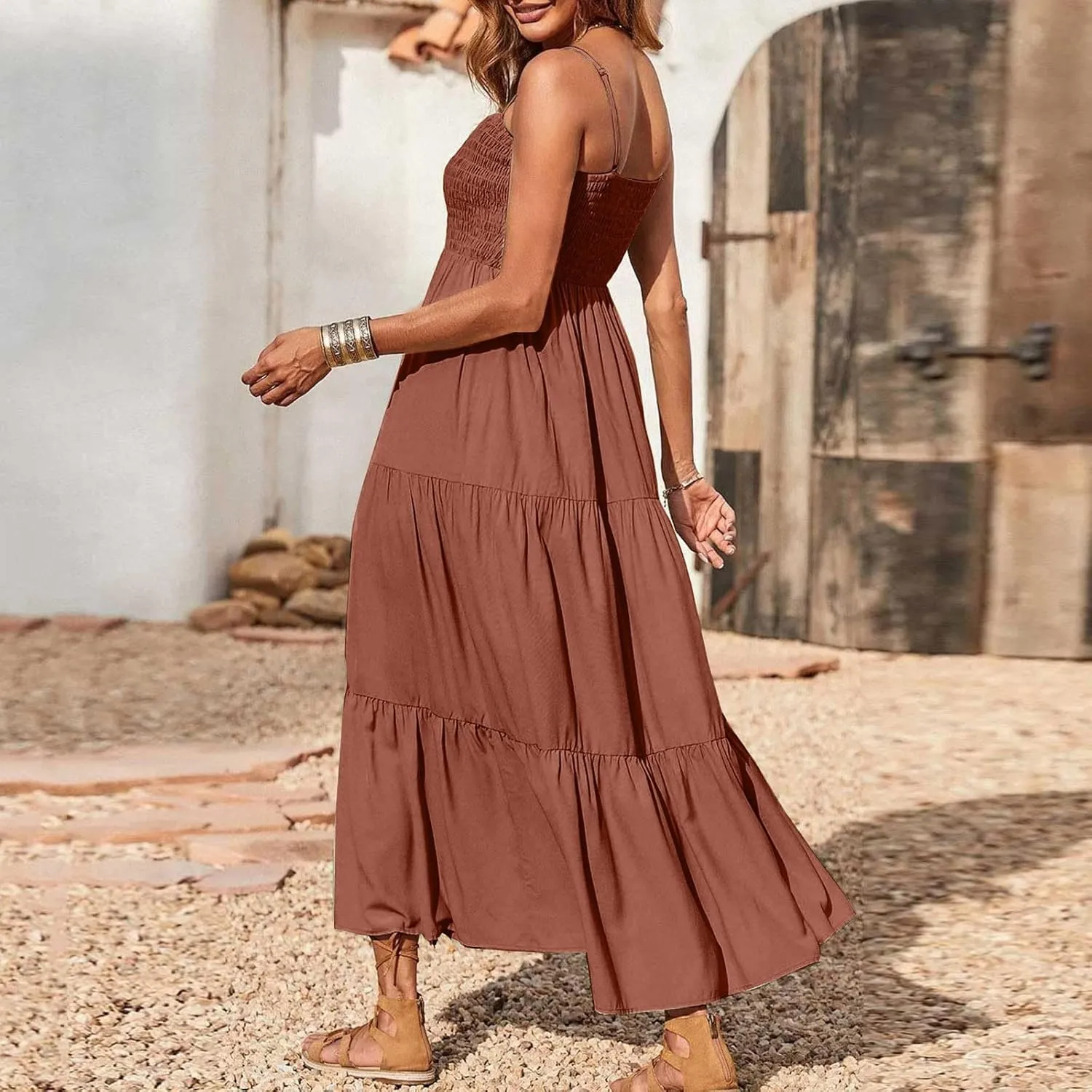 Women's Summer Maxi Dress 2025 Casual Boho Sleeveless Spaghetti Strap Smocked Tiered Long Beach Sundresses