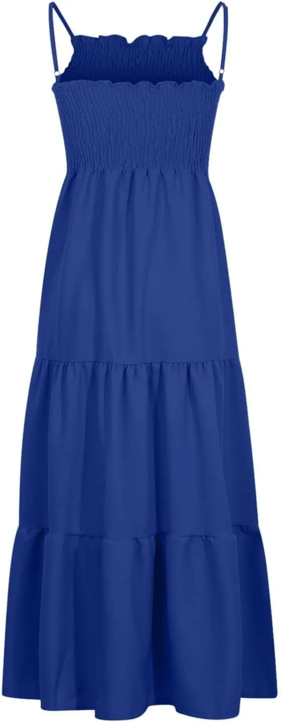 Women's Summer Maxi Dress 2025 Casual Boho Sleeveless Spaghetti Strap Smocked Tiered Long Beach Sundresses