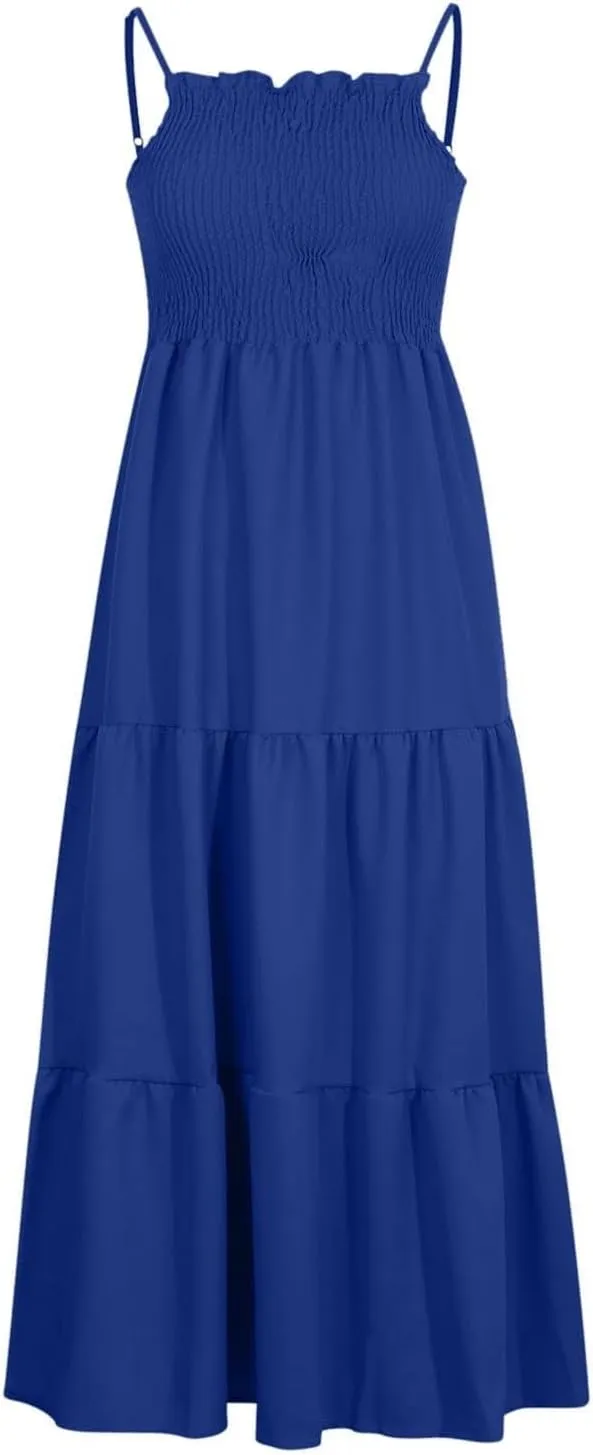 Women's Summer Maxi Dress 2025 Casual Boho Sleeveless Spaghetti Strap Smocked Tiered Long Beach Sundresses