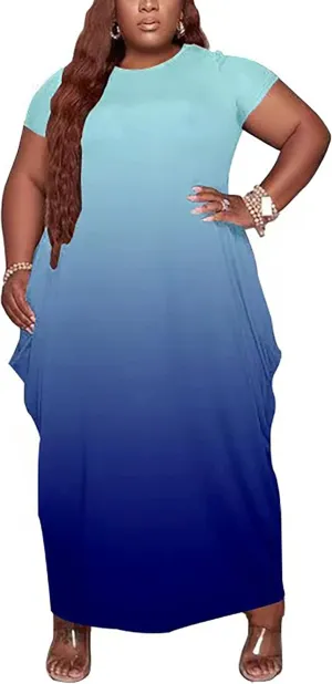 Women's Summer Plus Size Short Sleeved Long Dress Casual Loose Faith Beach Maxi Dress with Pockets