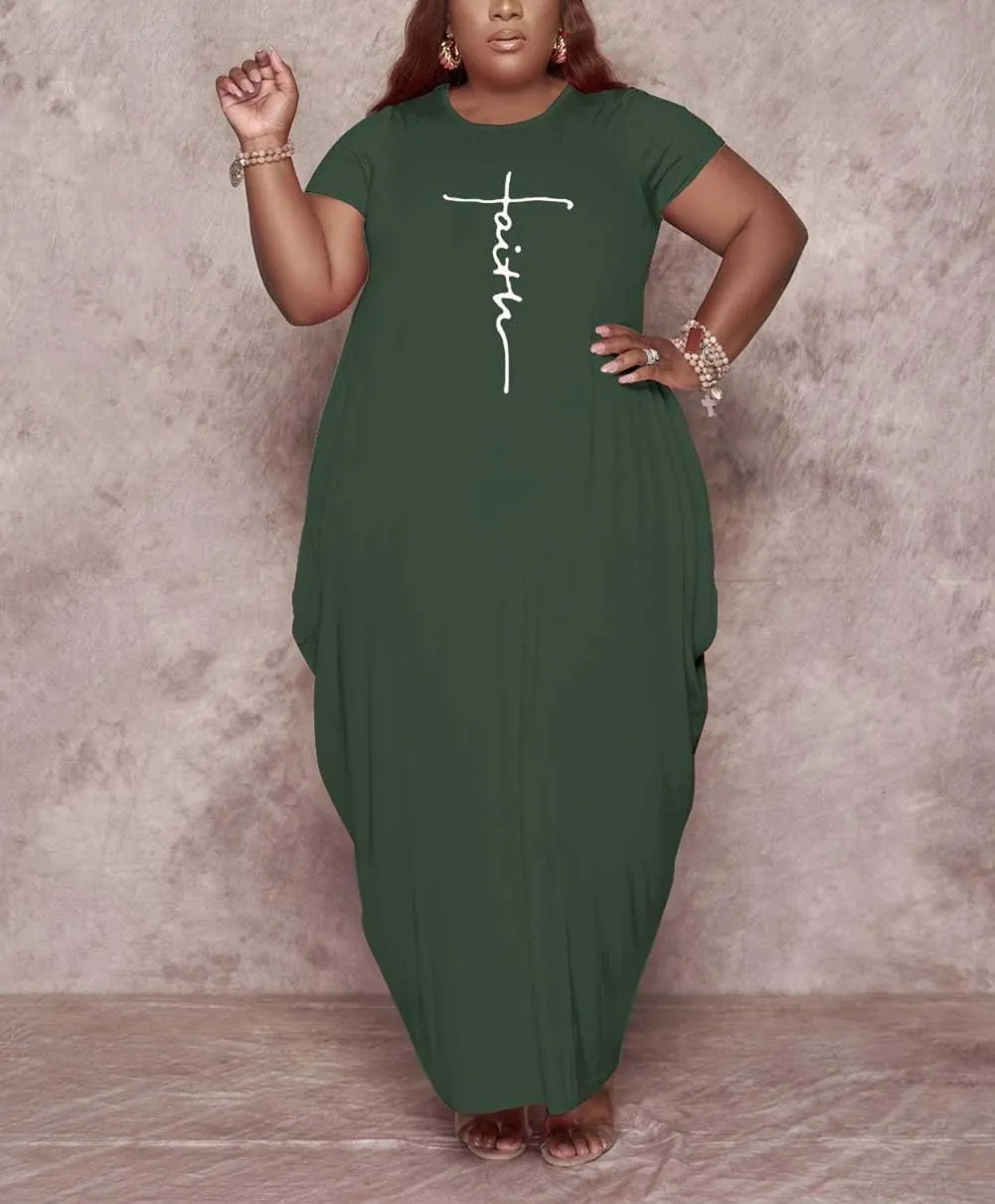 Women's Summer Plus Size Short Sleeved Long Dress Casual Loose Faith Beach Maxi Dress with Pockets