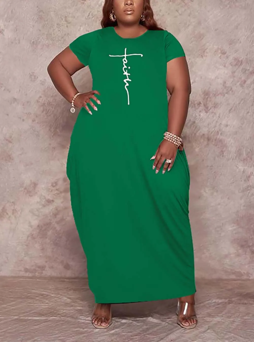 Women's Summer Plus Size Short Sleeved Long Dress Casual Loose Faith Beach Maxi Dress with Pockets
