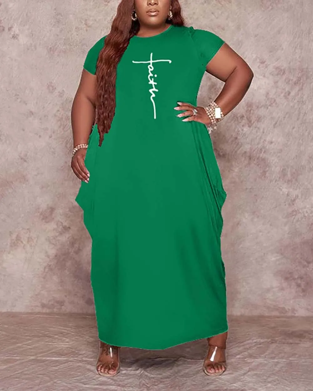 Women's Summer Plus Size Short Sleeved Long Dress Casual Loose Faith Beach Maxi Dress with Pockets