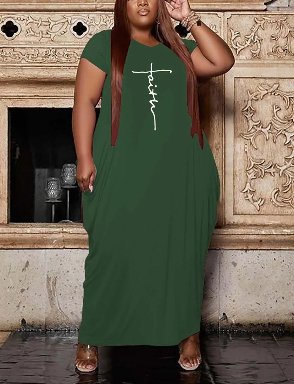 Women's Summer Plus Size Short Sleeved Long Dress Casual Loose Faith Beach Maxi Dress with Pockets