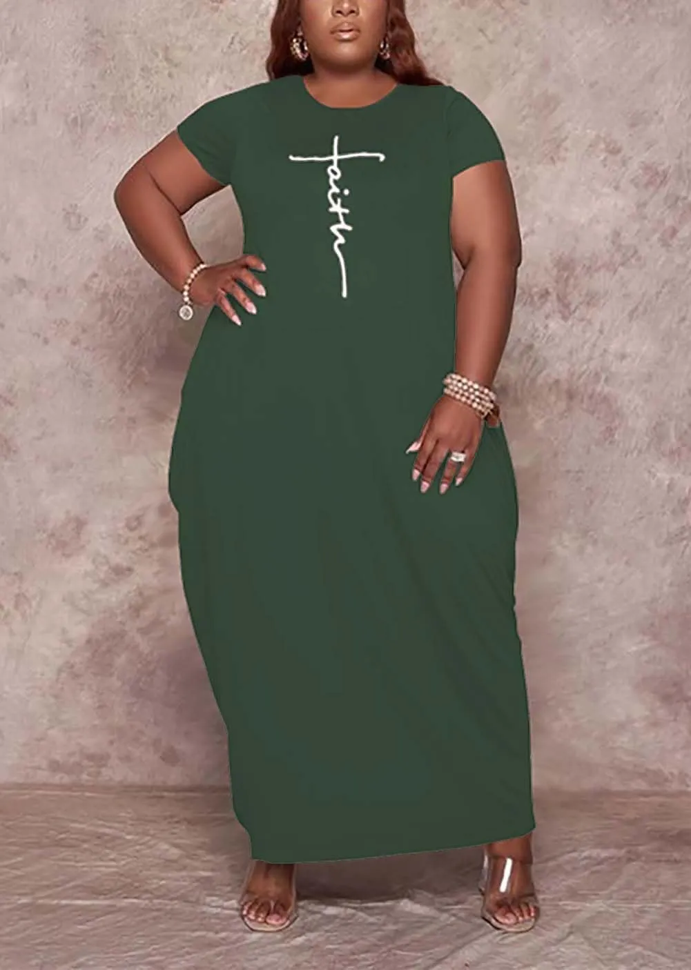 Women's Summer Plus Size Short Sleeved Long Dress Casual Loose Faith Beach Maxi Dress with Pockets
