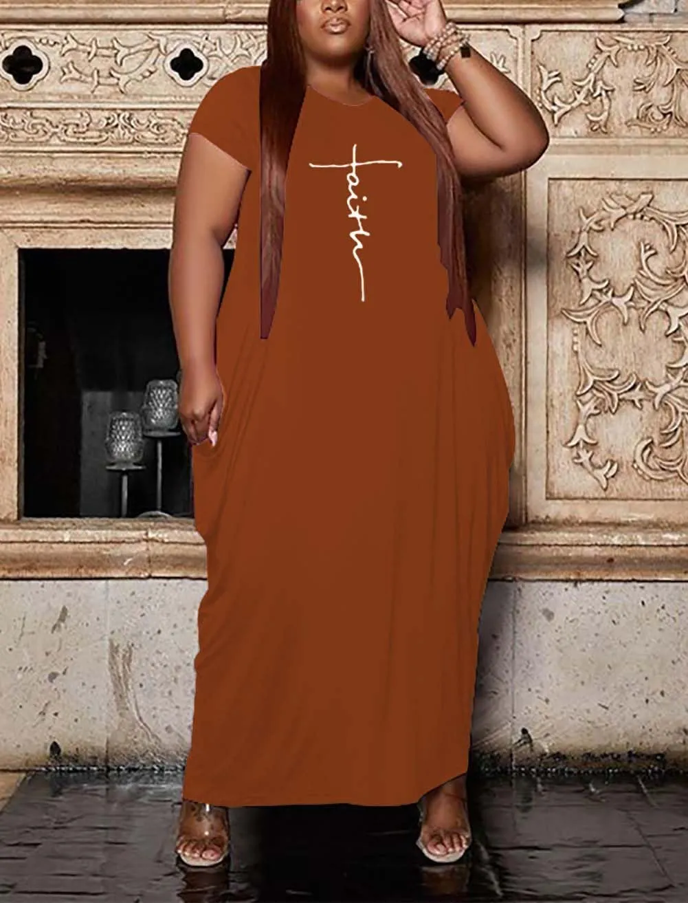 Women's Summer Plus Size Short Sleeved Long Dress Casual Loose Faith Beach Maxi Dress with Pockets