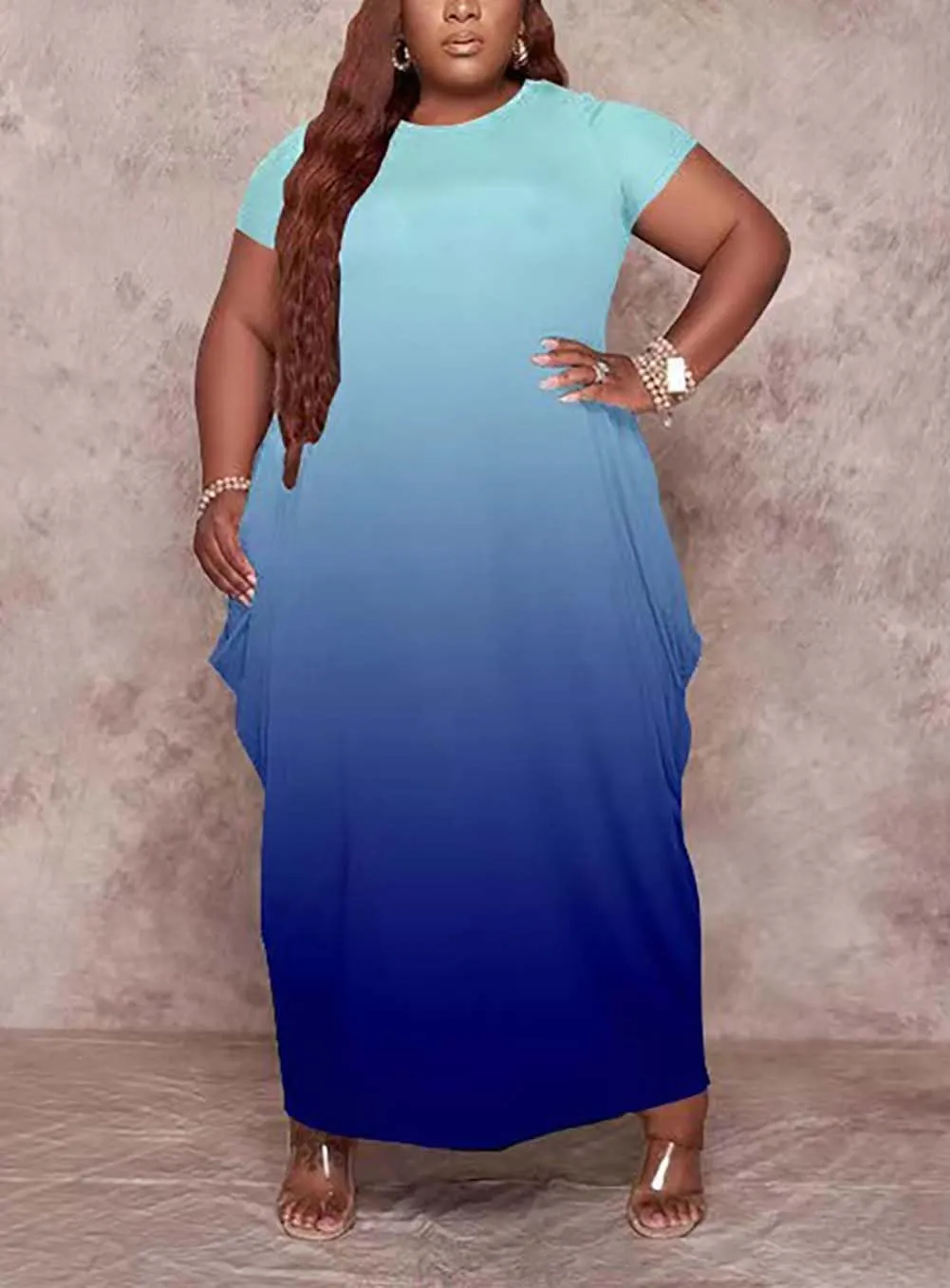 Women's Summer Plus Size Short Sleeved Long Dress Casual Loose Faith Beach Maxi Dress with Pockets