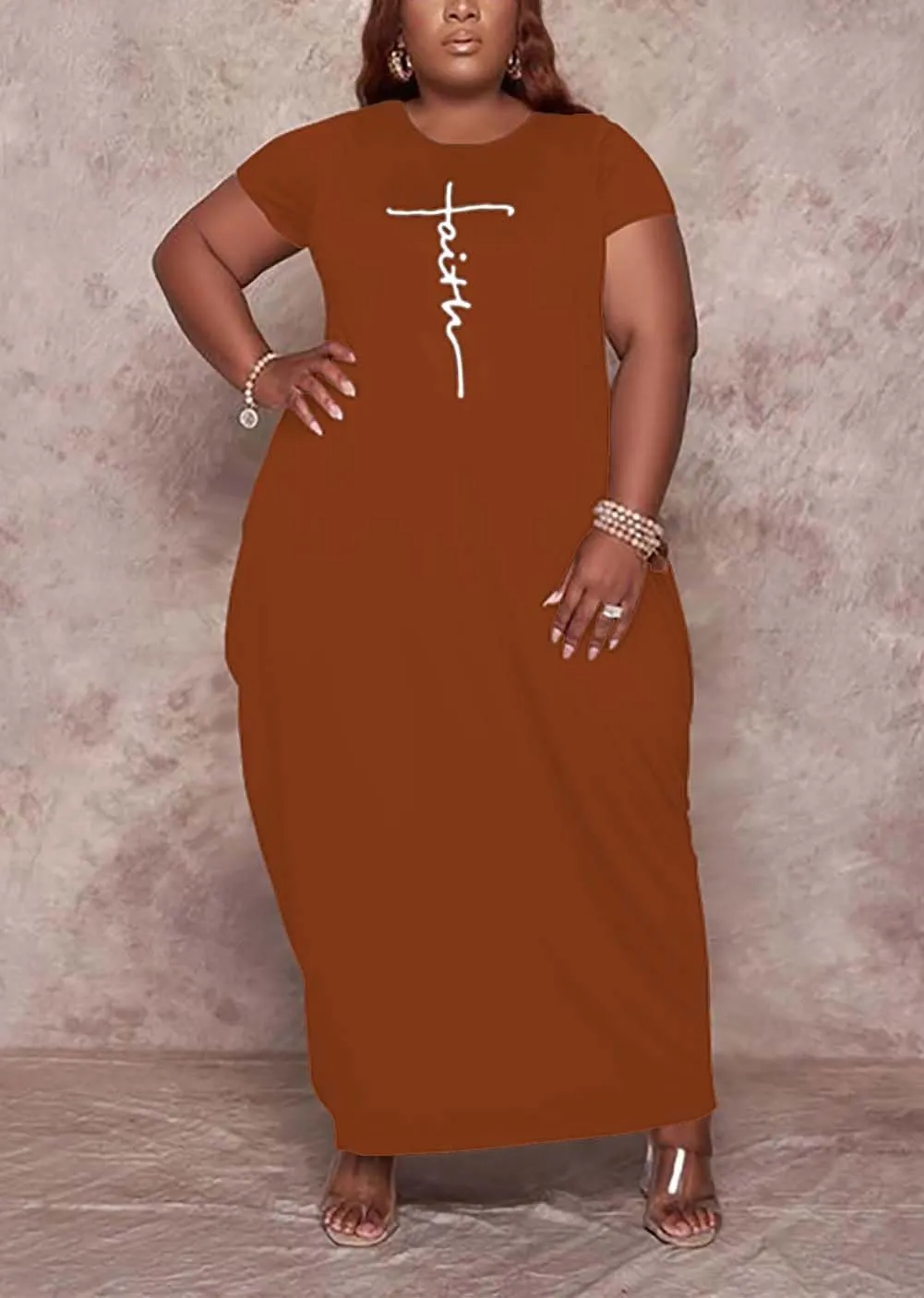 Women's Summer Plus Size Short Sleeved Long Dress Casual Loose Faith Beach Maxi Dress with Pockets