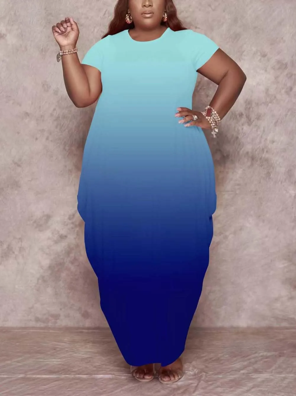 Women's Summer Plus Size Short Sleeved Long Dress Casual Loose Faith Beach Maxi Dress with Pockets