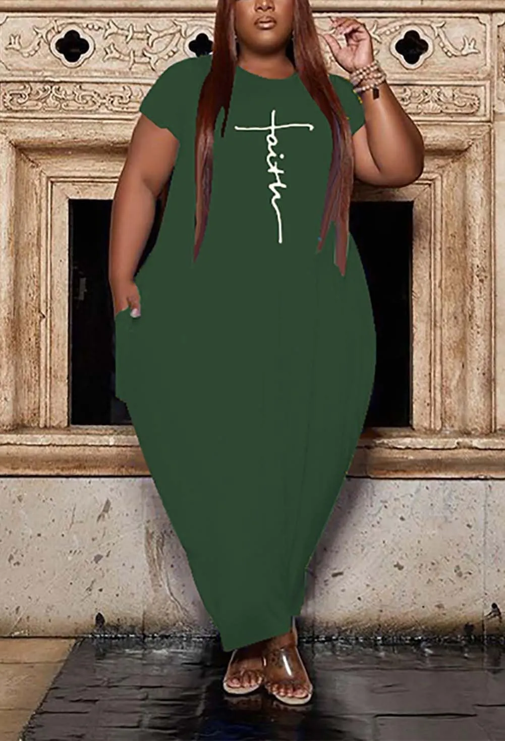 Women's Summer Plus Size Short Sleeved Long Dress Casual Loose Faith Beach Maxi Dress with Pockets